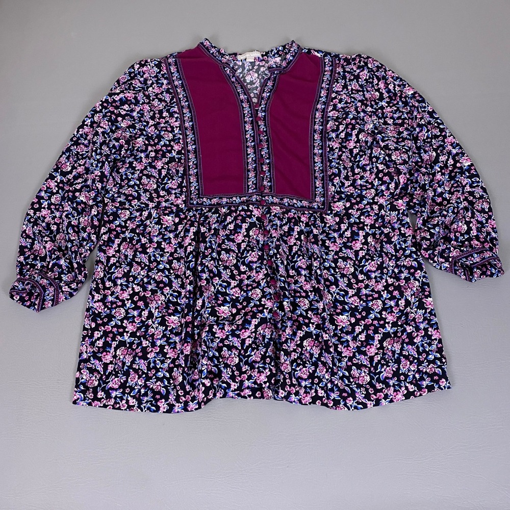 Woman Within Tunic Top 1X 22/24 Floral Peplum Black Pink Rayon 3/4 Sleeve Boho *